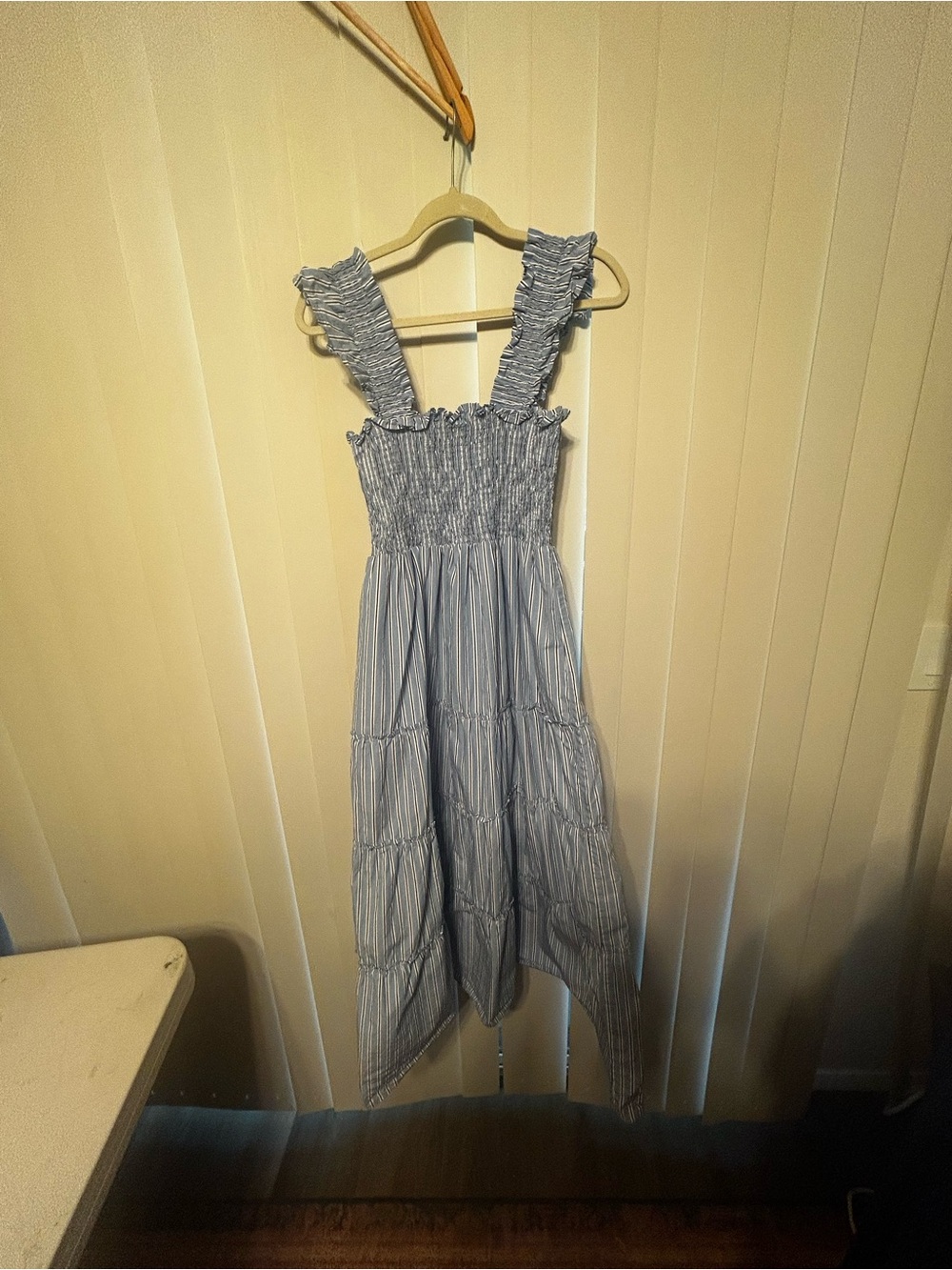 Quince Blue and White Striped Ruffle Sundress
